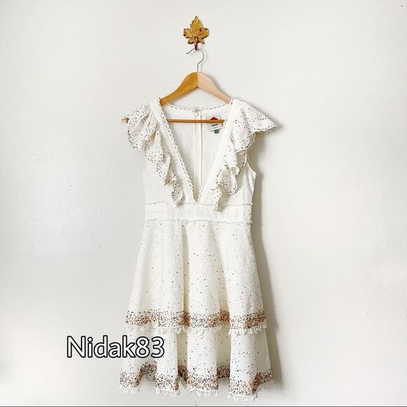 FARM Rio Dresses & Skirts - Farm Rio White Eyelet Beaded Ruffle Mini Dress NWOT XS